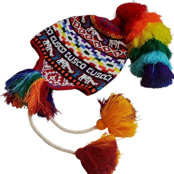 Authentic Cusco Andean Chullo Hat – Handwoven Alpaca Wool Winter Hat with Rainbo - Picture 1 of 3